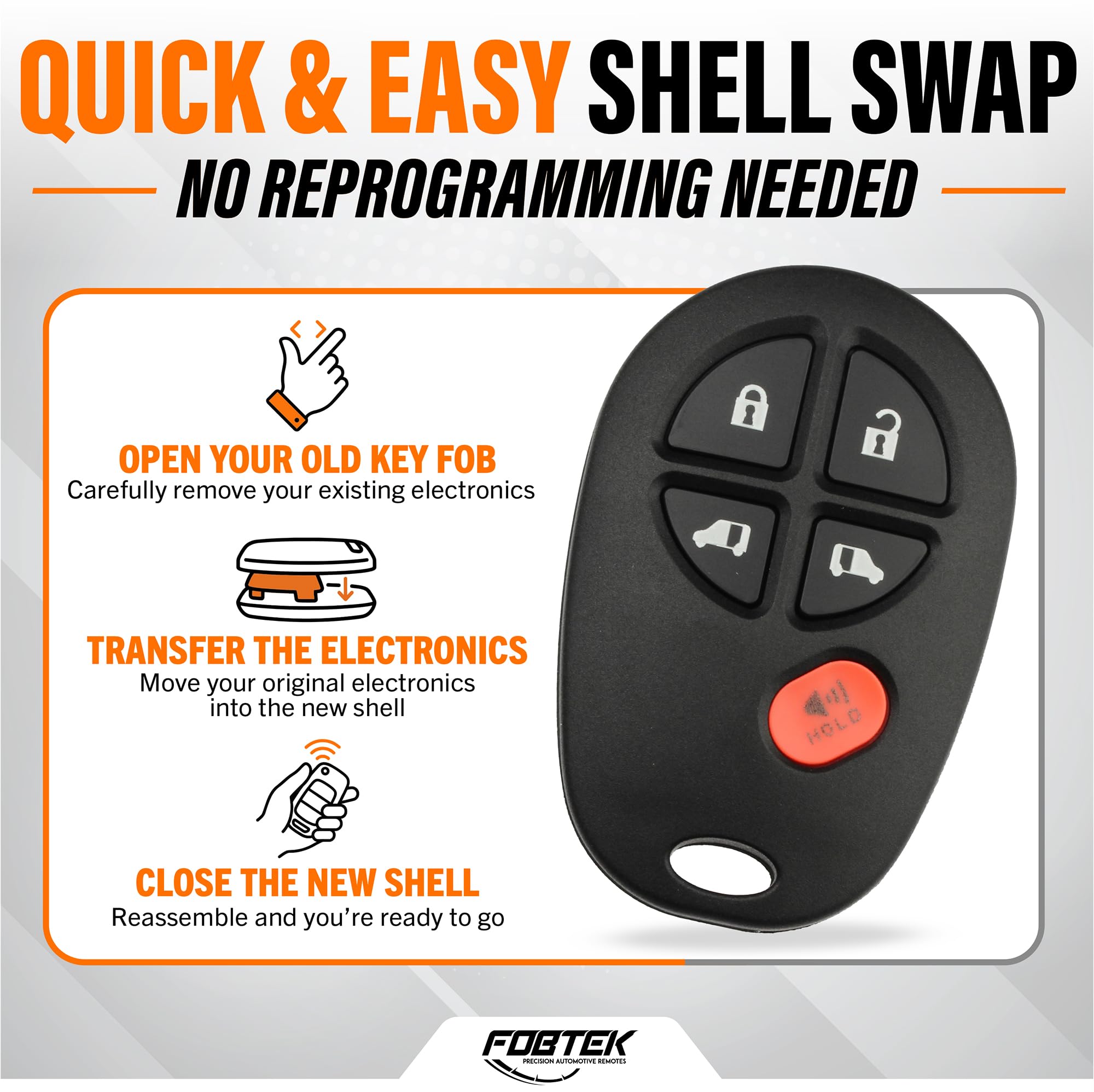FOBTEK Key Fob Shell Case & Button Pad for Toyota GQ43VT20T, 5-Button