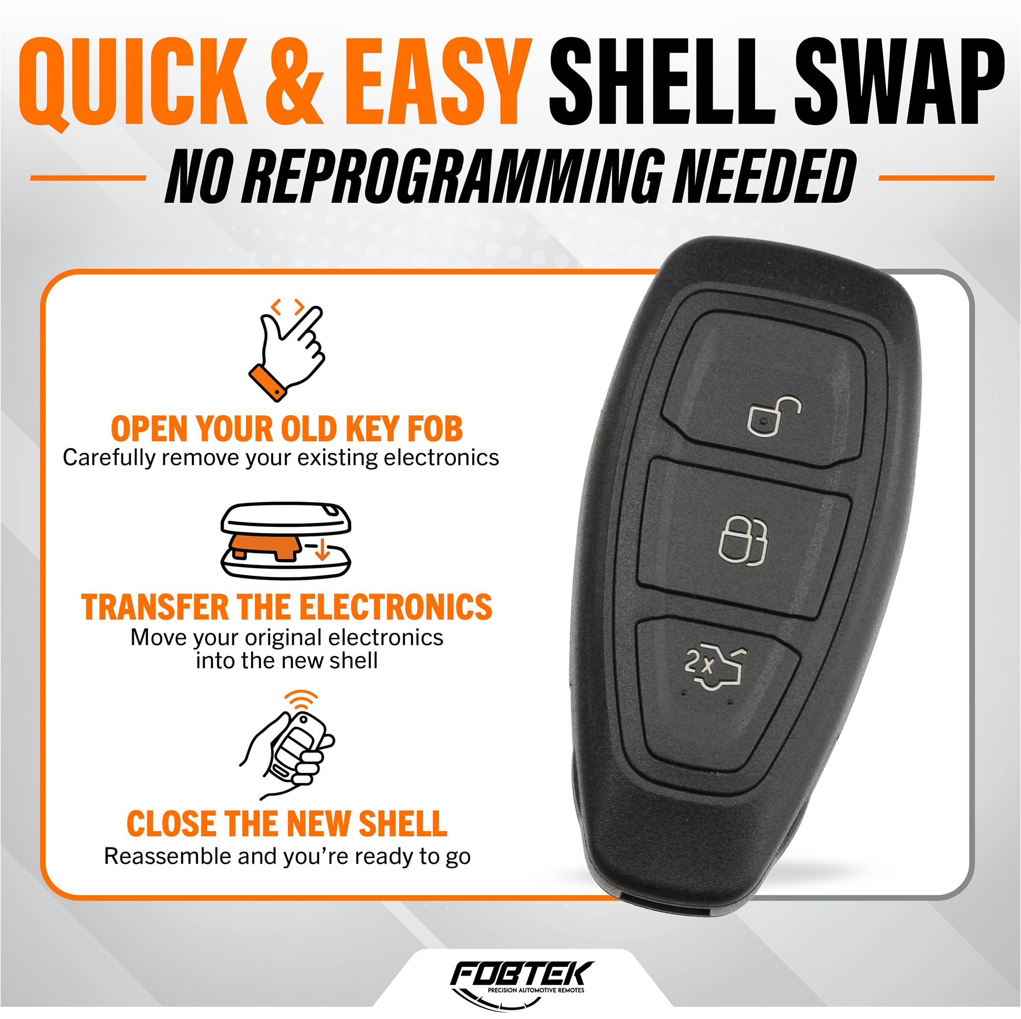 FOBTEK Smart Key Fob Shell Case & Button Pad for Ford KR55WK48801, 3-Button