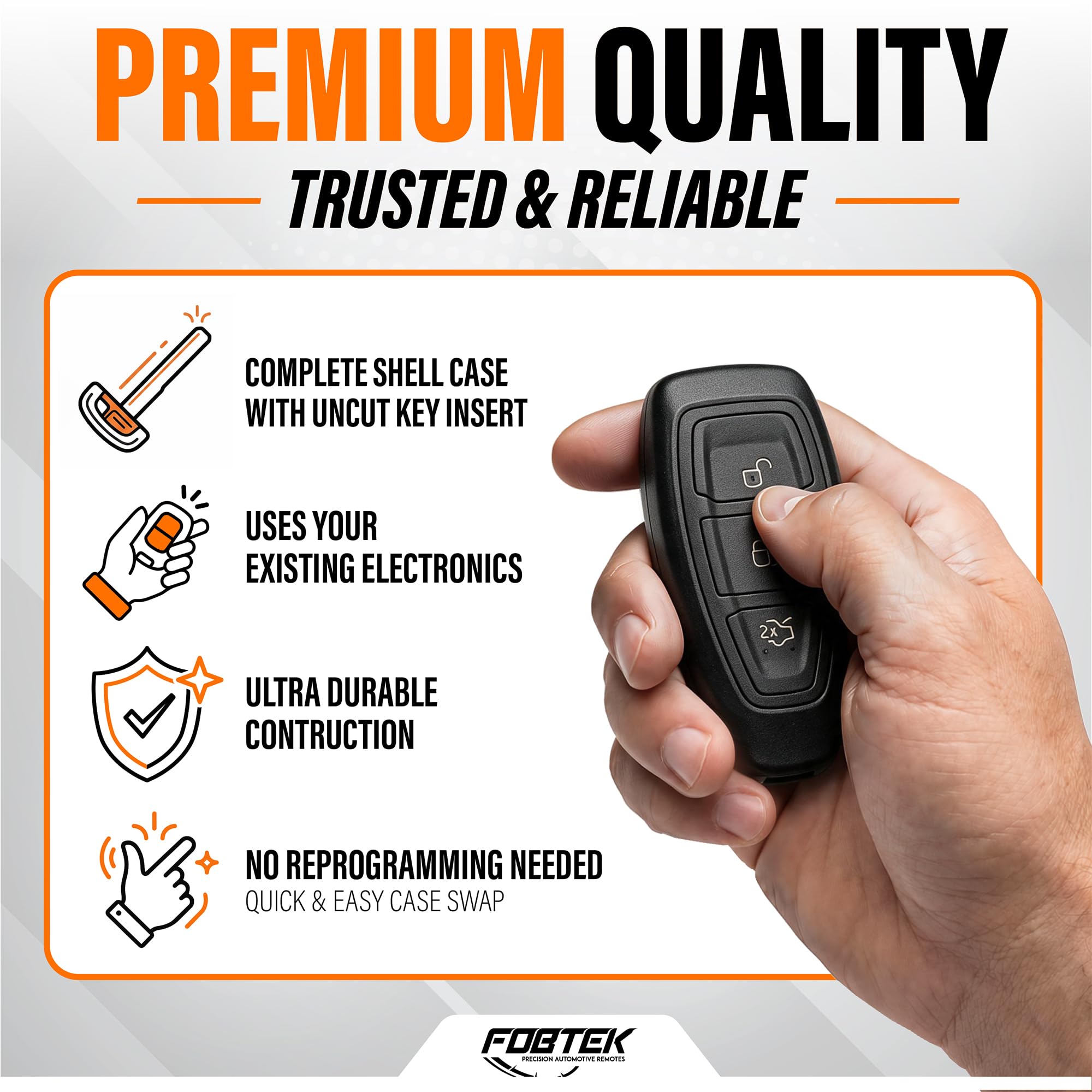 FOBTEK Smart Key Fob Shell Case & Button Pad for Ford KR55WK48801, 3-Button